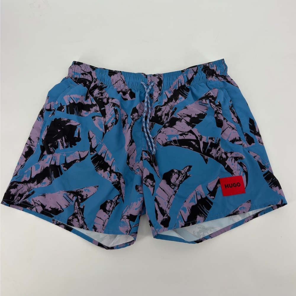 Hugo Boss HUGO Mens Blue Purple Palm Print Swim Trunks Shorts Size L Large
